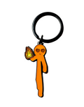 Orange keychain figure holding a golden egg on a white background