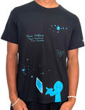 Black t-shirt with blue graphics and text on a white background